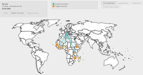 Gli investimenti italiani sono 19, concentrati nel continente africano (Fonte: Landmatrix, ultima consultazione 16 ottobre2014)