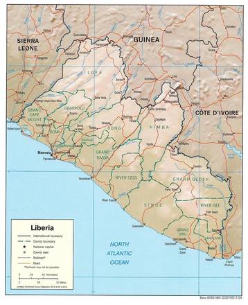 Carta fisica della Liberia